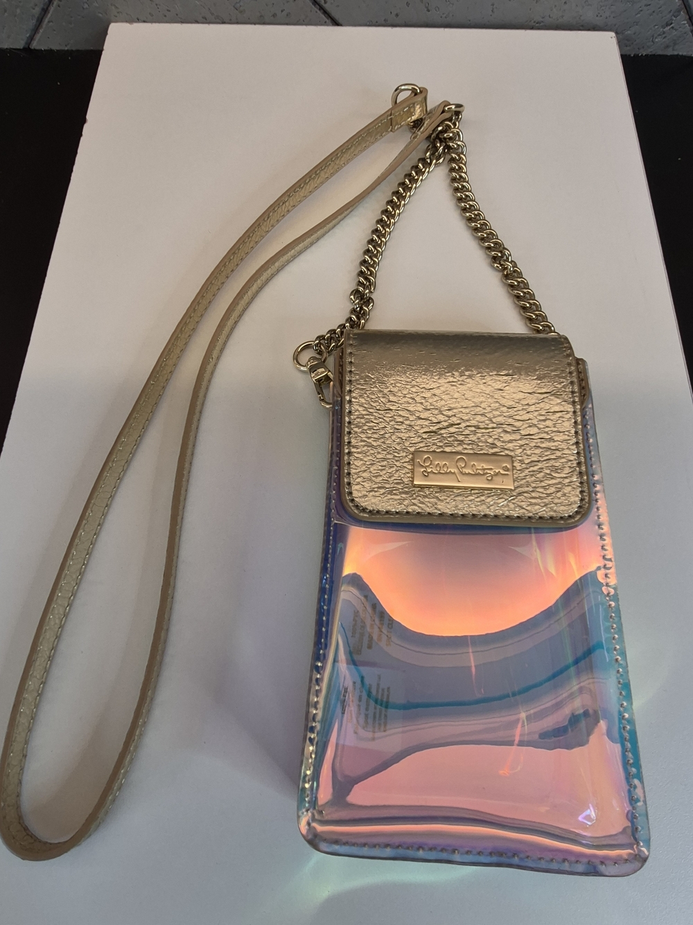 Lilly Pulitizer Transparent Iridescent Crossbody Phone Bag with Gold Trim